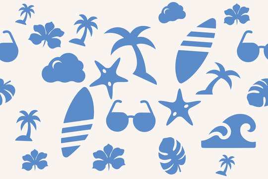 Classic retro blue surf surfboard seamless pattern with sunglasses and starfish, vintage summer beach lifestyle abstract background vector art.
