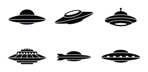 Set of six black vector icons representing different flying saucer and UFO designs, space exploration concept © Tania