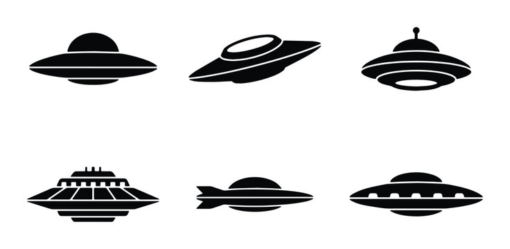 Set of six black vector icons representing different flying saucer and UFO designs, space exploration concept