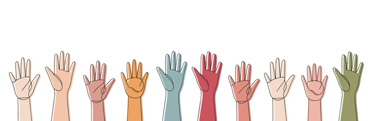 Fototapeta premium Hands Raised in Unity: A vibrant collection of diverse hands uplifted in a symbol of togetherness. community support, collective action, diversity.