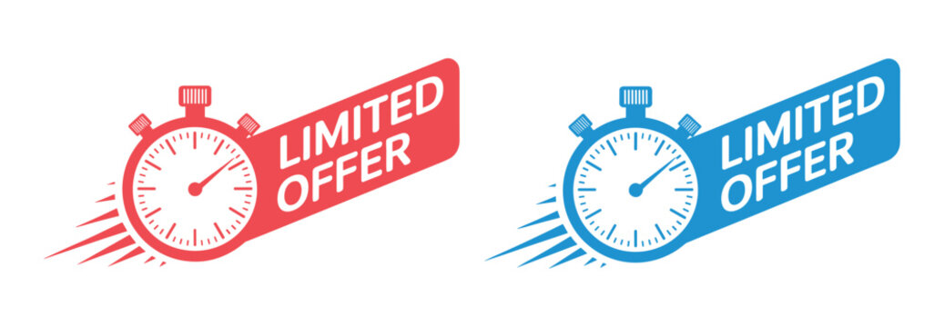 Limited Offer Promotion: Two stopwatch icons with red and blue banners indicating a limited time offer, perfect for sales and marketing campaigns.