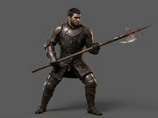 Obraz premium Medieval Warrior with Halberd: A formidable warrior clad in weathered, intricate medieval armor stands in a determined pose, wielding a sharp halberd, ready for battle.