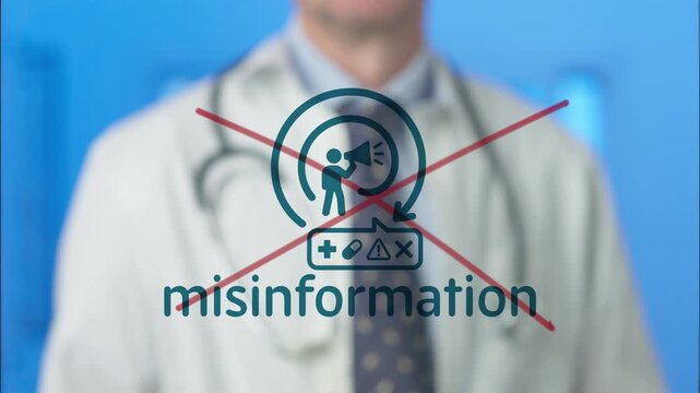 Medical professional striking through a misinformation icon, symbolizing the fight against fake health news, promoting reliable information, and debunking false claims about treatments and cures