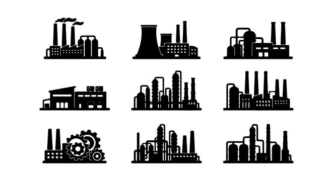 Industrial Factory Silhouettes, Manufacturing Plants, Power Generation Icons