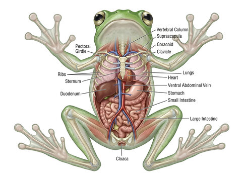 Educational anatomical diagram showing the internal organs and skeletal structure of a green frog displayed clearly on white background