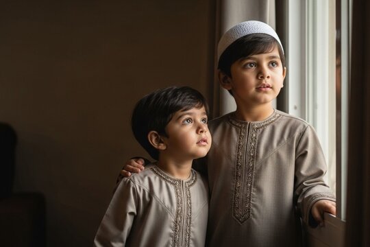 Two Muslim boys looking out window, traditional clothing, brotherly love, indoor scene, realistic photography.
