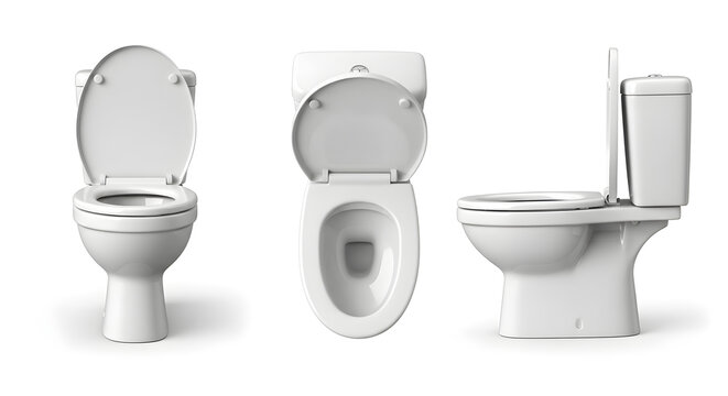 Modern white ceramic toilet set, three views of porcelain bathroom commode with open lid, sanitary ware collection for interior design and plumbing catalogs
