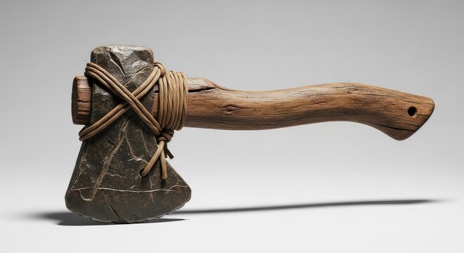 Primitive hand-carved stone axe head secured to a worn wooden handle, presented in a clean studio shot with soft lighting and shadows, tool, stone, axe