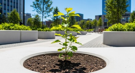 Fototapeta premium Small green sapling grows in dark soil within a modern city park, surrounded by concrete structures and paved paths on a bright sunny day, conservation, development, sidewalk