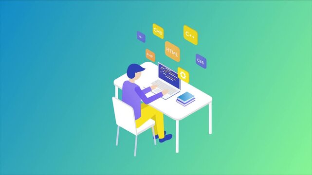 Web development, ux design and programming tecnology concept. Coding and remote work future gradient footage. Male character works on laptop.