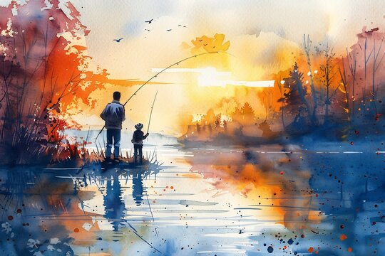 P&egrave;re et fils p&ecirc;chant &agrave; l'aquarelle lors d'un coucher du soleil &eacute;clatant, moment de complicit&eacute; familiale, paysage d'automne paisible, id&eacute;al pour la f&ecirc;te des p&egrave;res et le lien parent
