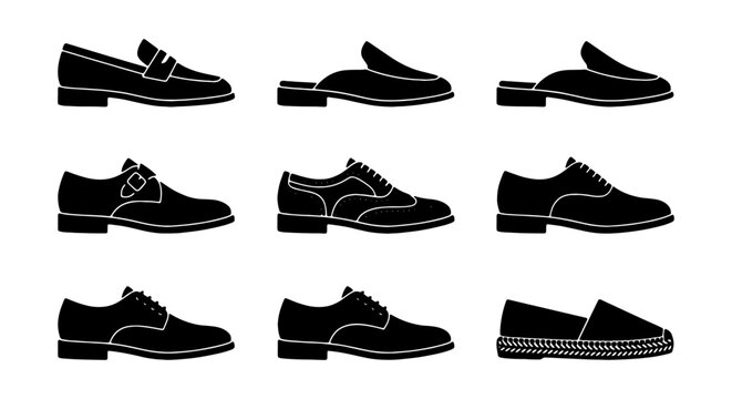 Black Leather Dress Shoes, Loafers, Oxfords, Mules, Espadrilles Vector Icons