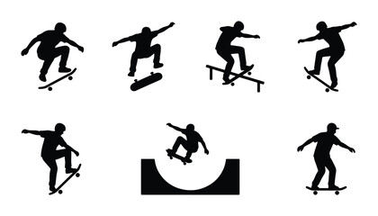 Skateboarder Silhouettes: Dynamic Action Poses, Extreme Sports Icons, Urban Lifestyle Vector Set © Rubel
