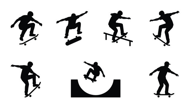 Skateboarder Silhouettes: Dynamic Action Poses, Extreme Sports Icons, Urban Lifestyle Vector Set