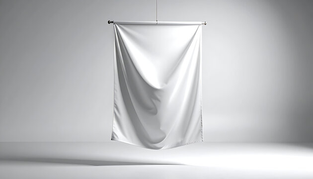 Isolated vertical fabric banner flag hanging with wooden pole, blank template for advertising or branding, realistic 3D render