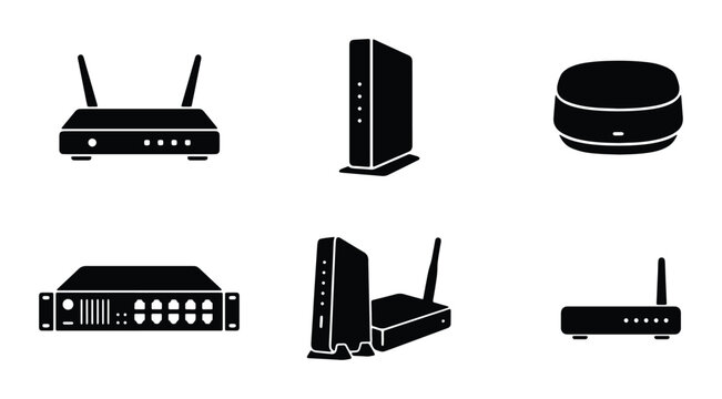 Set of 6 Black Network Routers and Modems, Digital Connectivity Icons, Internet Hardware Vector Collection
