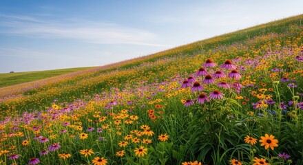 Fototapeta premium Vibrant wildflowers in shades of purple, yellow, and orange carpet a lush green hillside under a clear blue sky during a peaceful spring day, natural, ecology, colorful