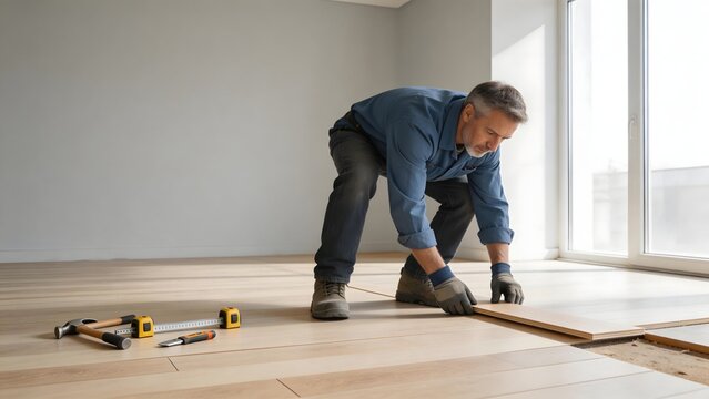 Man installing wooden flooring