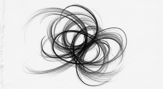 A captivating abstract charcoal sketch featuring dynamic swirling lines and textured grayscale patterns on a rough white paper surface background, pencil, hand-drawn, expressionism