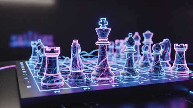 Neon chess set on illuminated board displaying digital network concept