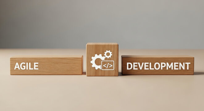 Three wooden blocks with agile development and coding symbols on a beige background for software engineering concepts