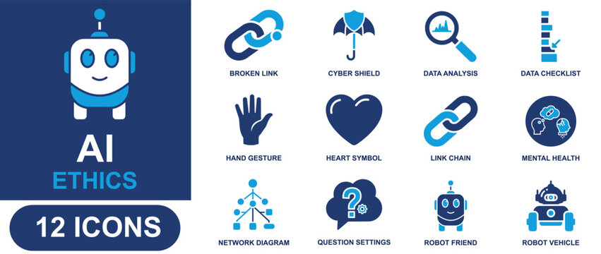 AI ethics icon set. Containing robot friend, robot vehicle, cyber shield, data analysis, checklist, broken link, link chain, mental health, network diagram and more. Solid fill vector icons.
