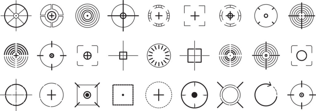 Crosshair and target icons in black color, containing high-quality illustration buttons.target focus symbols for digital interfaces, with premium symbol collection 
