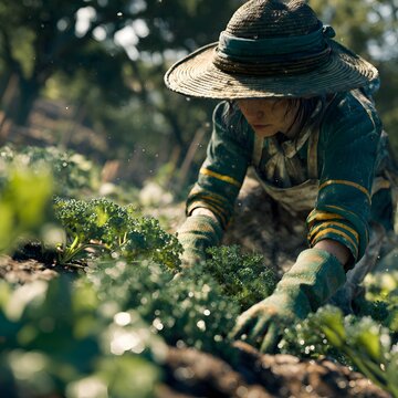 Detailed view of a horticultural specialist in a wide brimmed straw hat and green work clothes carefully inspecting curly kale plants in an outdoor organic garden