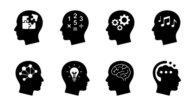 Mind Icons Set: Brain, Ideas, Logic, Music, Puzzle, Math, Gears, Network