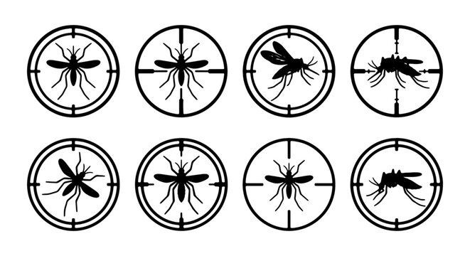 Mosquito Target Icons, Insect Pest Control Symbols, Bug Extermination Crosshairs, Vector Graphics