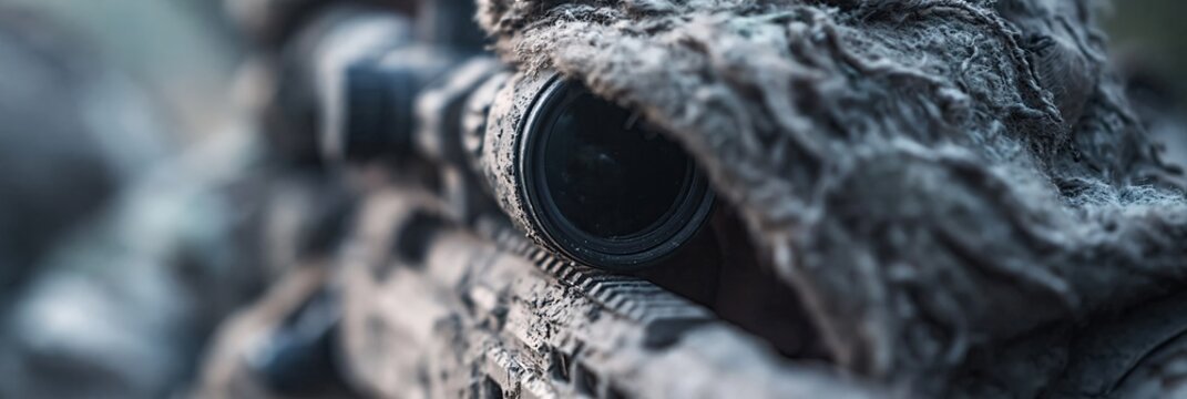Sniper is looking through scope of sniper rifle wearing camo