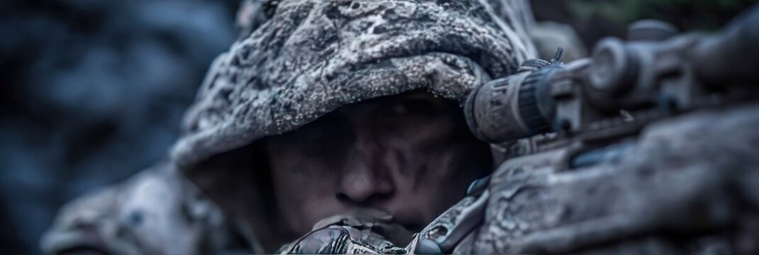 Sniper is looking through scope of sniper rifle wearing camo
