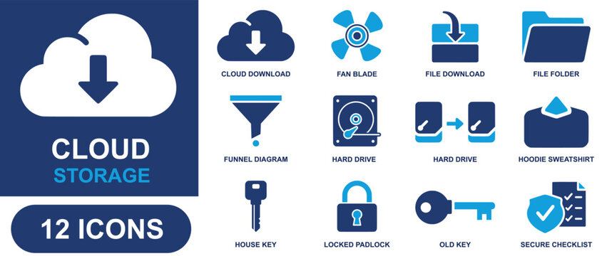 Cloud storage icon set. Containing cloud download, file folder, file download, hard drive, locked padlock, secure checklist, key, funnel diagram, fan blade and more. Solid fill vector icons.