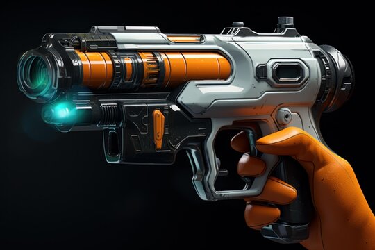 Orange gloved hand holding futuristic space gun with glowing muzzle flash, featuring orange and white details on a black background