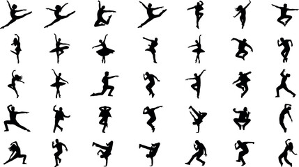 Dancer Silhouette Collection Set Featuring Ballet, Contemporary Dance, and Gymnastics Action Poses Isolated on White Background © DabashChandra