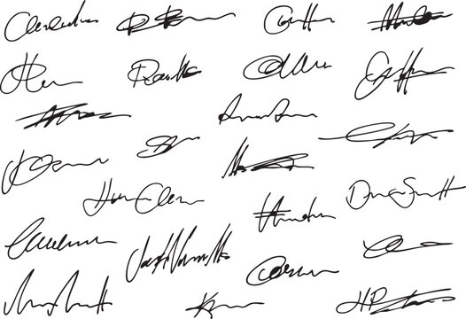 Collection of diverse handwritten signatures abstract cursive script for document authentication or artistic design isolated on white background