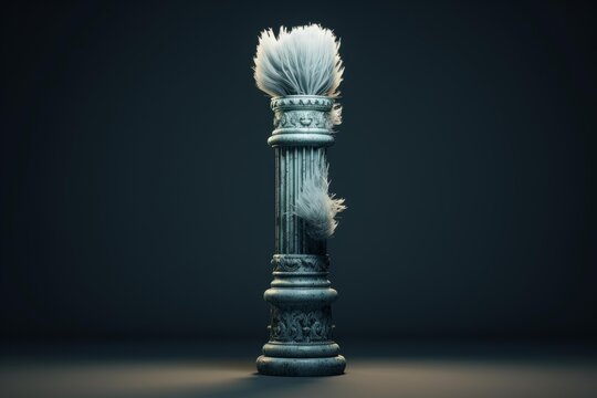 White feathers are decorating a classic style stone column in a dimly lit room, creating a surreal and artistic atmosphere