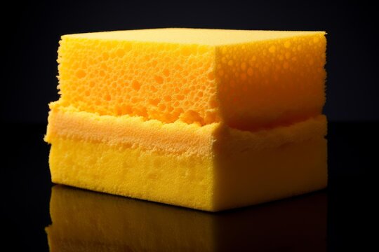 Two yellow cleaning sponges stacked on a reflective black surface, creating a vibrant contrast