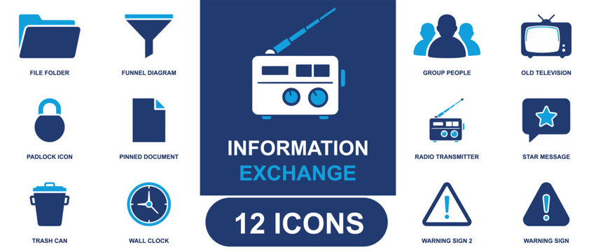 Information exchange icon set. Containing radio transmitter, television, star message, group people, file folder, pinned document, padlock, wall clock and more. Solid fill vector icons.