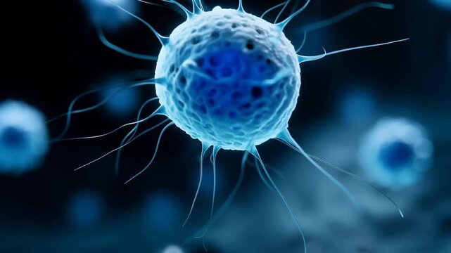 Blue microscopic cell surrounded by sperm cells, fertility science and reproductive medicine concept on dark biomedical background fertility, sperm cells, egg cell, ovum, reproduct
