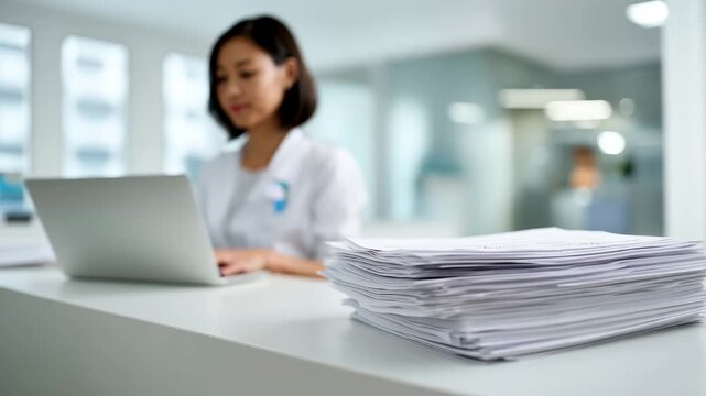 Close-up of stacked patient records on clinic desk with doctor working in soft focus, healthcare paperwork and administration workload concept patient records, healthcare paperwork