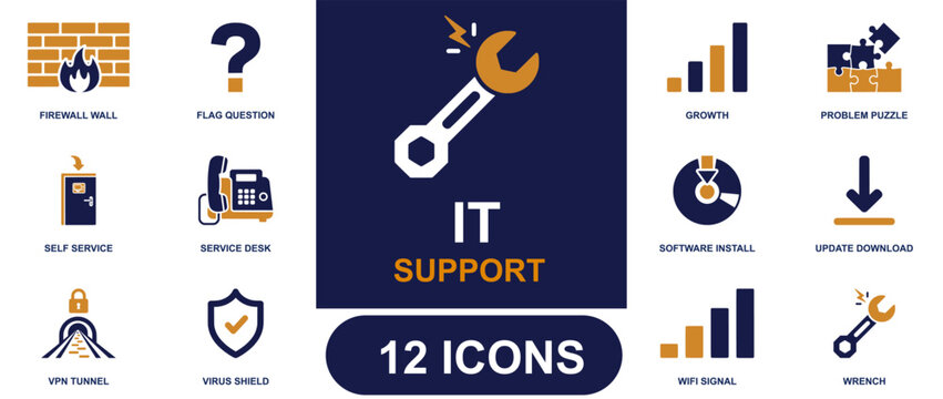IT support icon set. Containing firewall wall, help desk, vpn tunnel, virus shield, software install, update download, wifi signal, problem puzzle, wrench and more. Solid fill vector icons.
