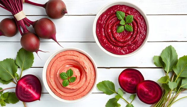Beetroot hummus on white wooden table, vector style. White tone