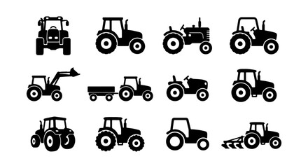 Farm Tractor Icons Set, Agricultural Vehicle Collection, Rural Machinery Vector Graphics © Fahmida