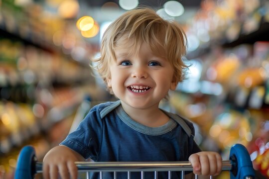 Jeune bambin blond souriant dans un chariot de supermarch&eacute;, pr&eacute;paration des courses pour la f&ecirc;te des p&egrave;res, portrait d'enfant joyeux, bonheur familial, lifestyle quotidien.