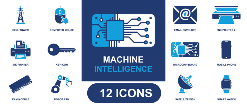 Artificial intelligence icon set. Containing chip board, robot arm, smart watch, mobile phone, mouse, cell tower, satellite dish, printer, key icon and more. Solid fill vector icons.
