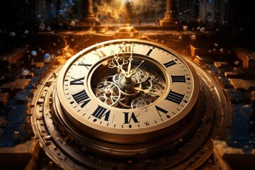 Obraz premium Antique golden clock face showing midnight, revealing its complex mechanism with gears and cogs, in a mysterious and magical atmosphere