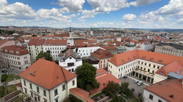 Panoramic view of Brno city center with red rooftops, Czech Republic