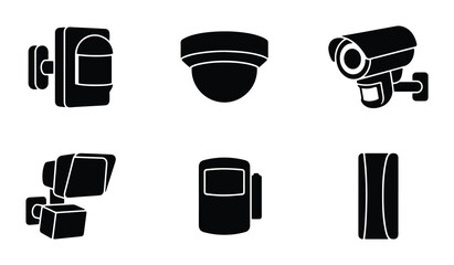 Security System Icons: Motion Detector, Dome Camera, Bullet Camera, CCTV, Surveillance Equipment, Vector Graphics © Mariyam