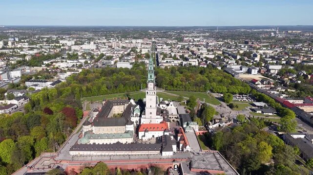 Flight over Jasna Gora Monastery in Czestochowa city, Poland